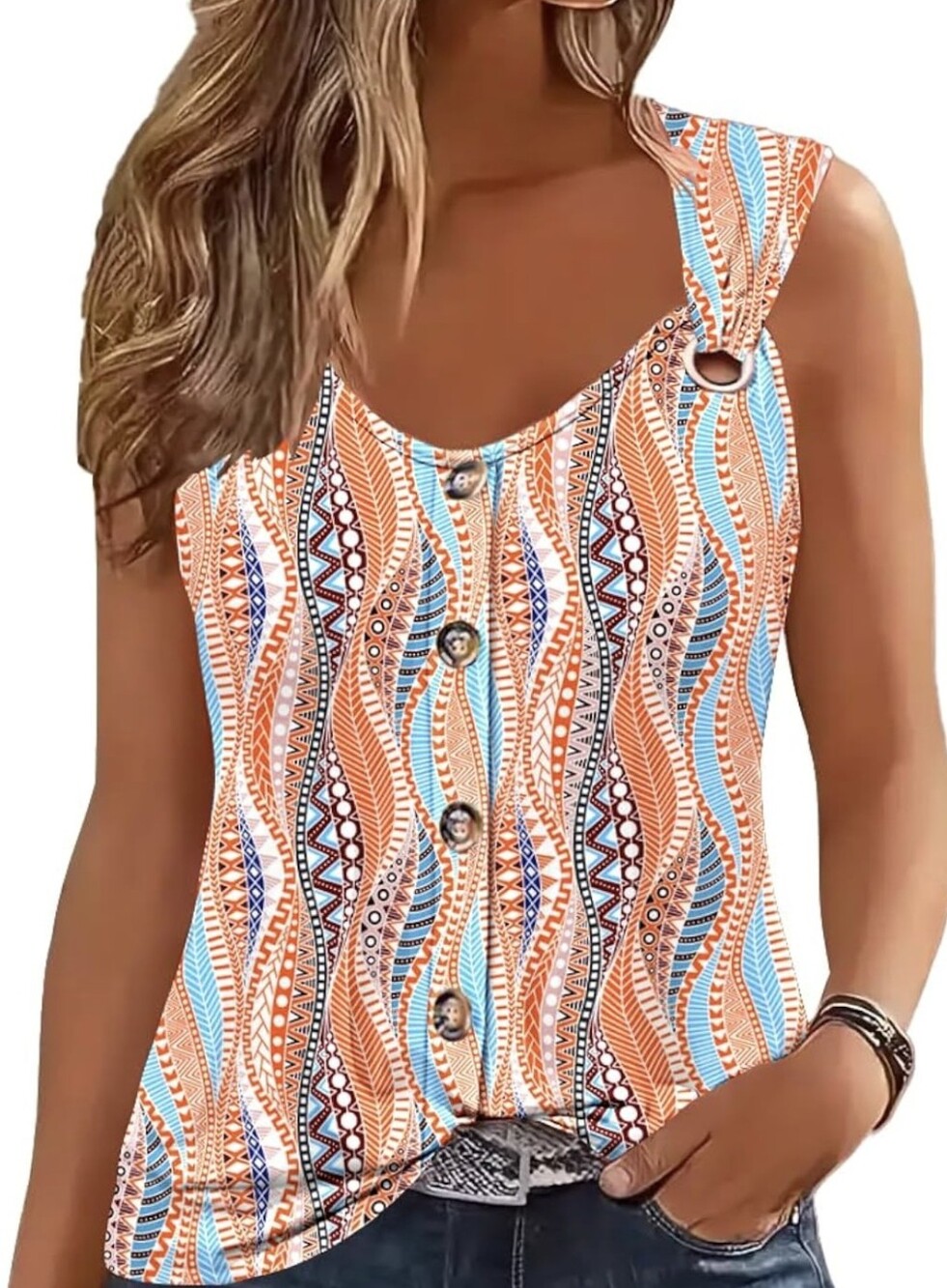 Women's Button Down Front Tank Top: Orange & Blue Print, Medium, NWOT